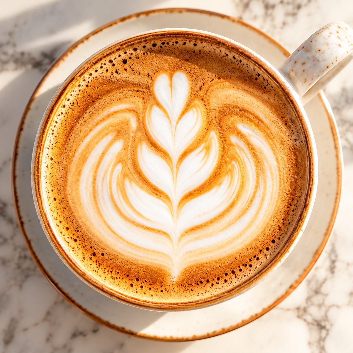 A cappuccino with rosetta latte art in a speckled cream cup, seen from above on a marble table in morning sun