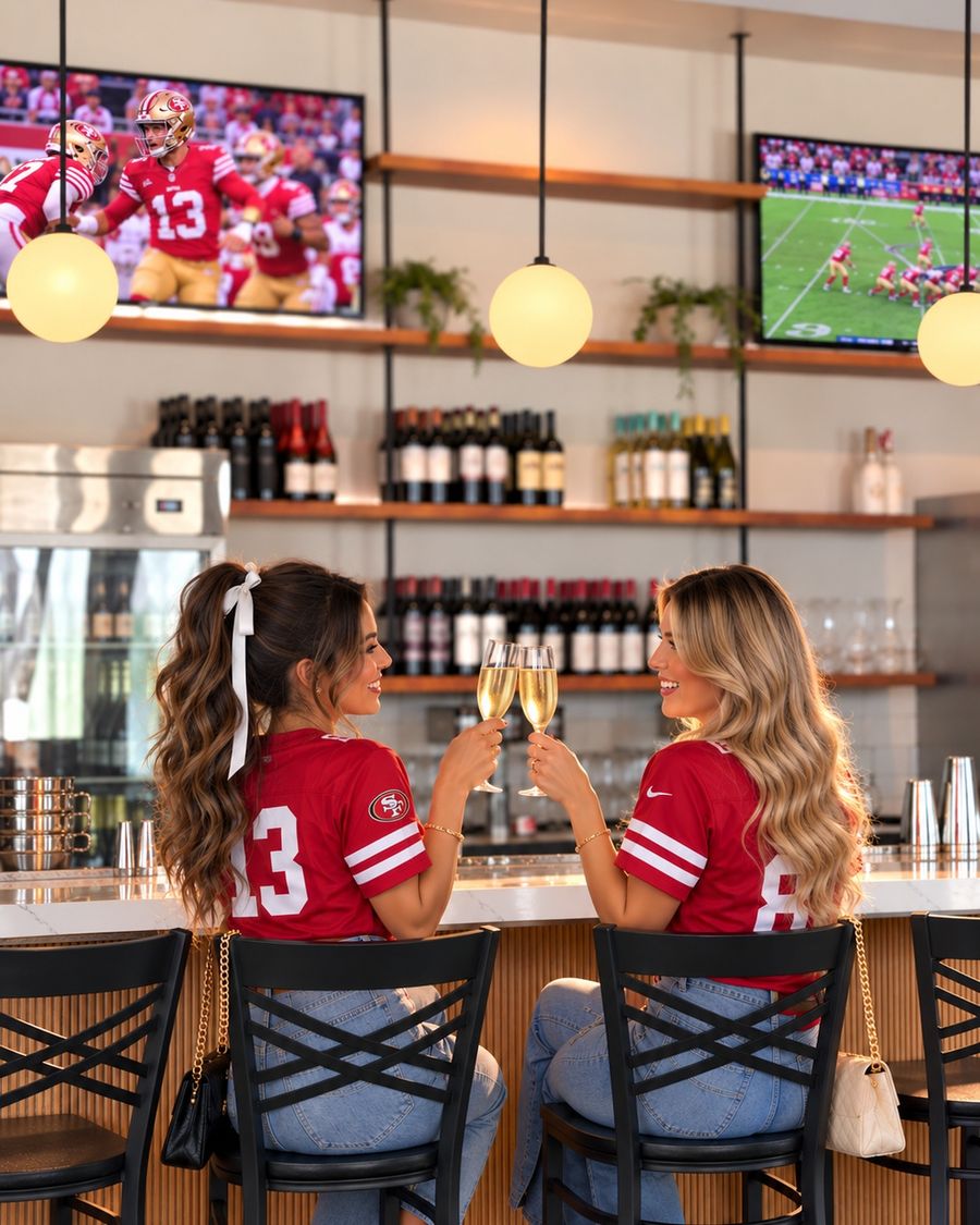 Two friends in red jerseys toasting with champagne at the bar while the game plays on the TVs
