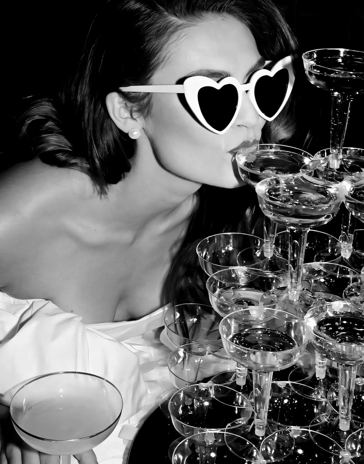 A guest sipping from a champagne tower